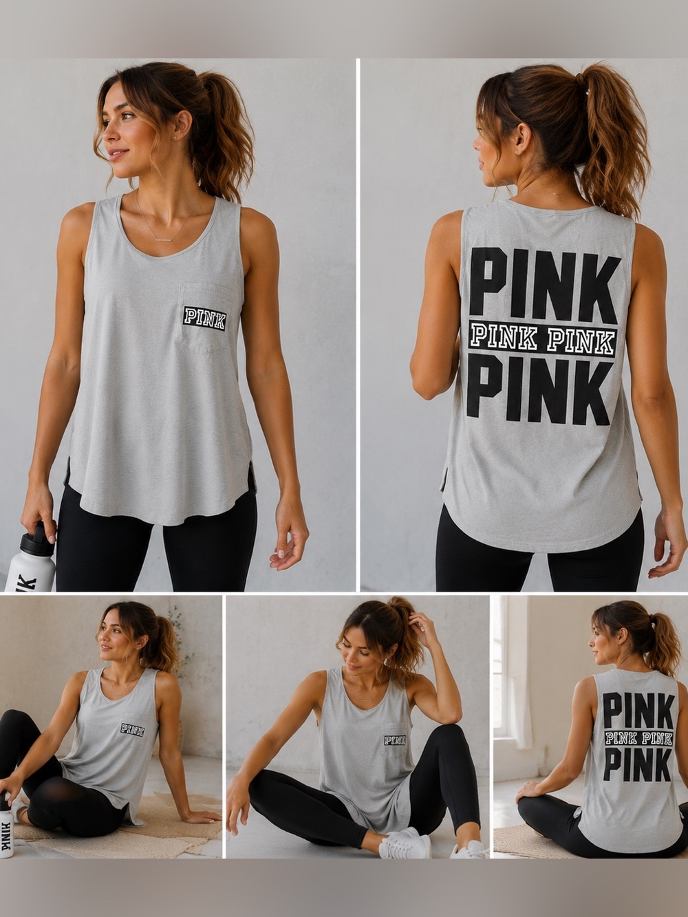 Victoria’s Secret PINK Gray Logo Pocket Tank Top Sleeveless Workout Size Medium